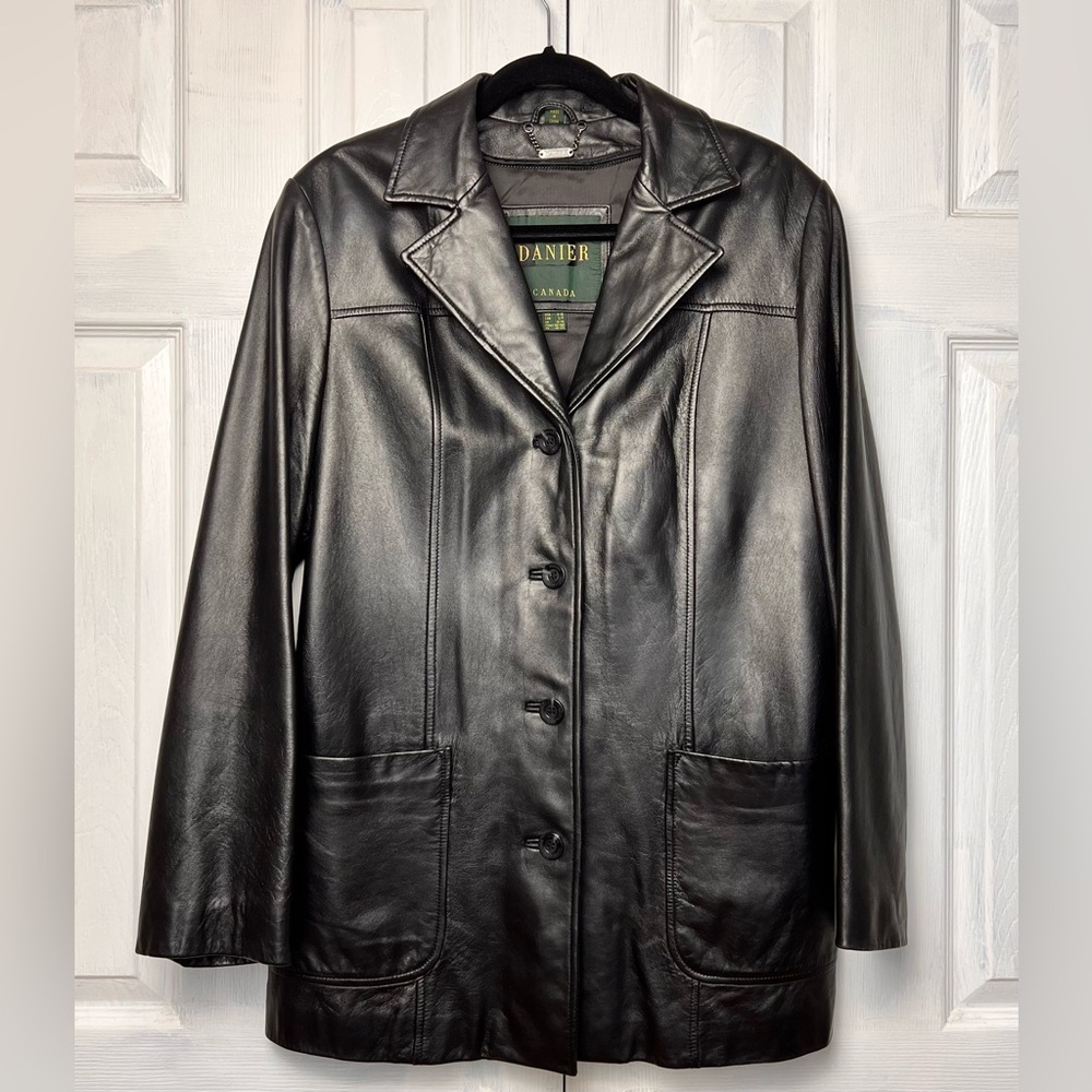 DANIER Classic Vintage Black Oversized Collared Leather Jacket - Size S (8-10)